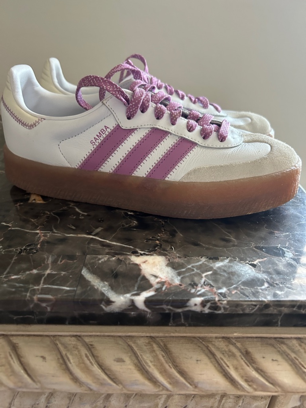 Adidas Samba Platform Sneakers in White and Purple with Gum Sole - Picture 4 of 8